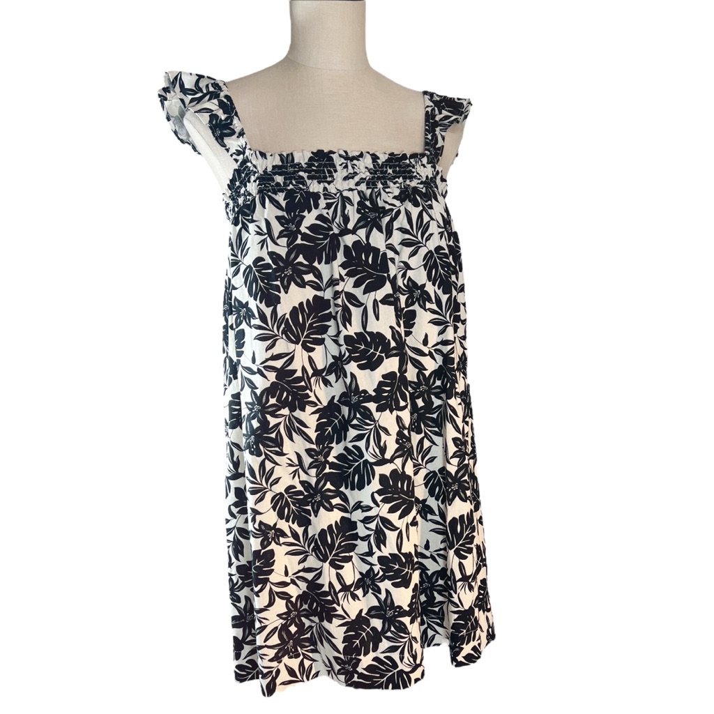 Gianni Bini Linen Blend Black & Tan Tropical Floral Print Dress Sz S Euc Resort